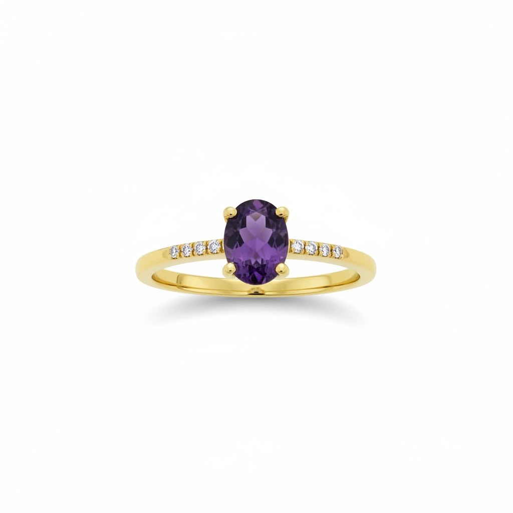 Anillo de amatista oval con diamantes en la banda en oro amarillo 14k