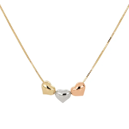 Collar de 3 corazones bombaos en oro tricolor 14k