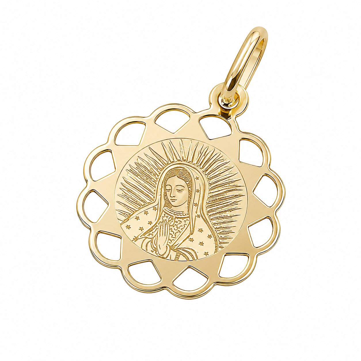 Medalla Virgen de Guadalupe busto con marco de flor