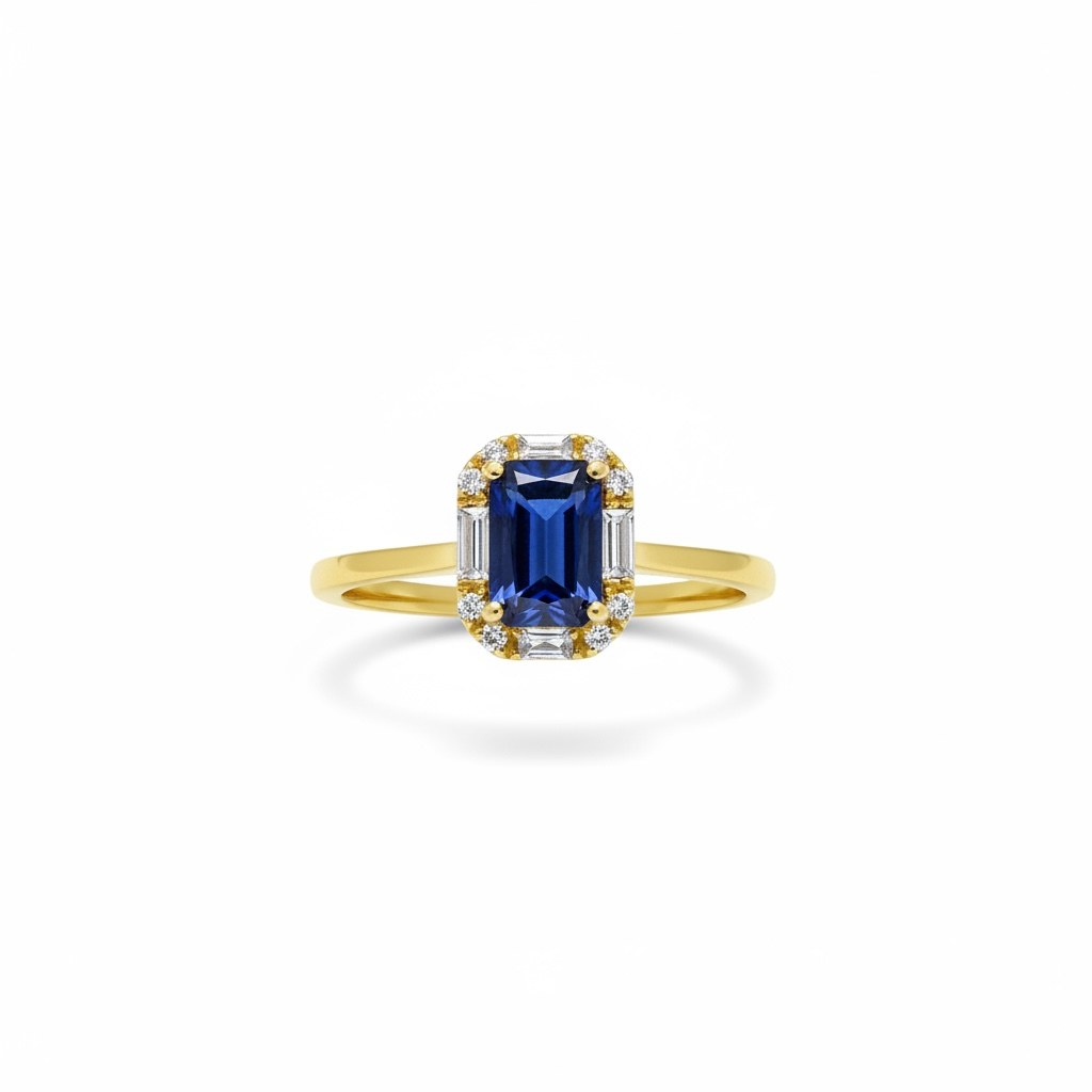 Anillo de zafiro corte esmeralda con halo de diamantes en oro amarillo 14k
